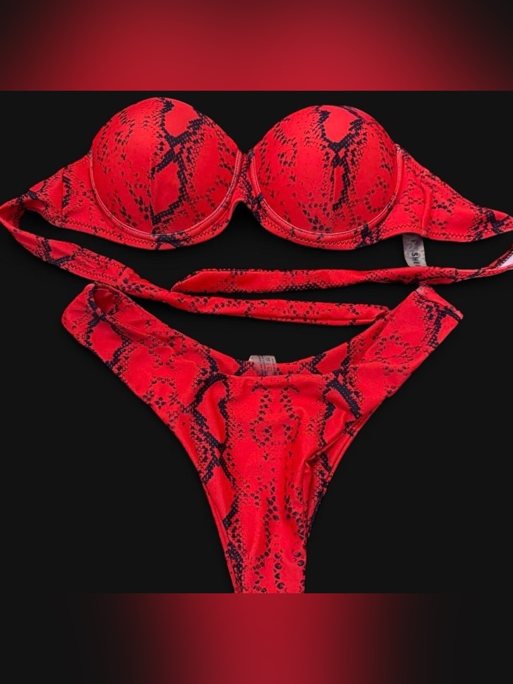 Red Snakeskin Print Bikini Set. Size S. Padded strapless top. Cheeky bottoms. - Picture 2 of 5